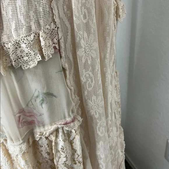 LoveShackFancy Ibis Beaded Ruffle V Plunge Lace Overlay Dress in Magnolia Tea - Picture 14 of 16